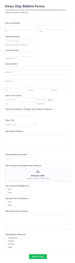 Kiracı Olay Bildirim Form Şablonu
