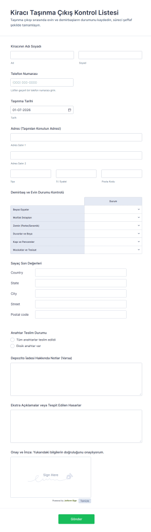 Kiracı Taşınma Çıkış Kontrol Listesi Form Template