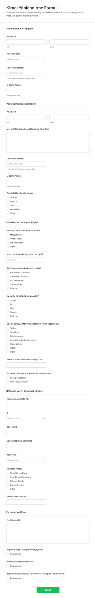Kiracı Yönlendirme Anketi Form Şablonu