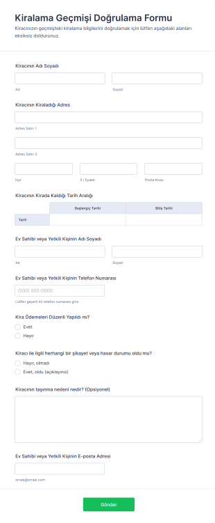 Kiralama Geçmişi Doğrulama Form Template