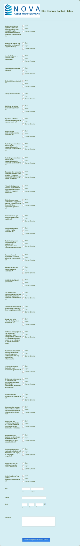 Kiralama Kontrol Listesi Form Template