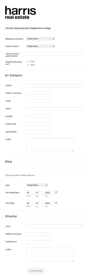 Kiralık Gayrimenkul Değerleme İstek Form Şablonu