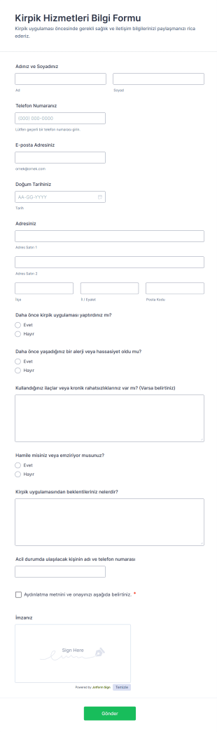 Kirpik Hizmetleri Bilgi Form Şablonu