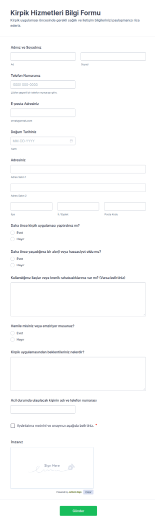 Kirpik Hizmetleri Bilgi Form Şablonu