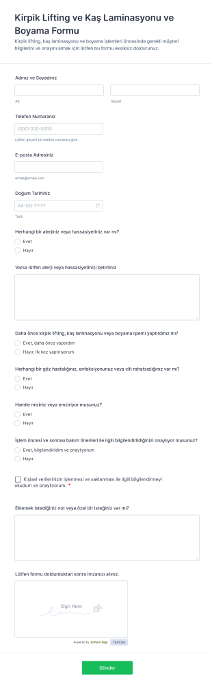 Kirpik Lifting Ve Kaş Laminasyonu Ve Boyama Form Şablonu