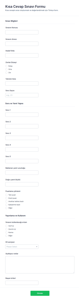 Kısa Cevaplı Quiz Form Şablonu