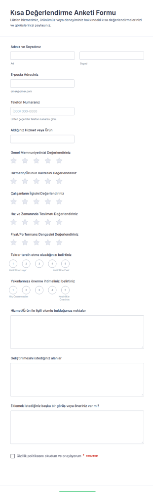 Kısa Değerlendirme Anketi Form Şablonu