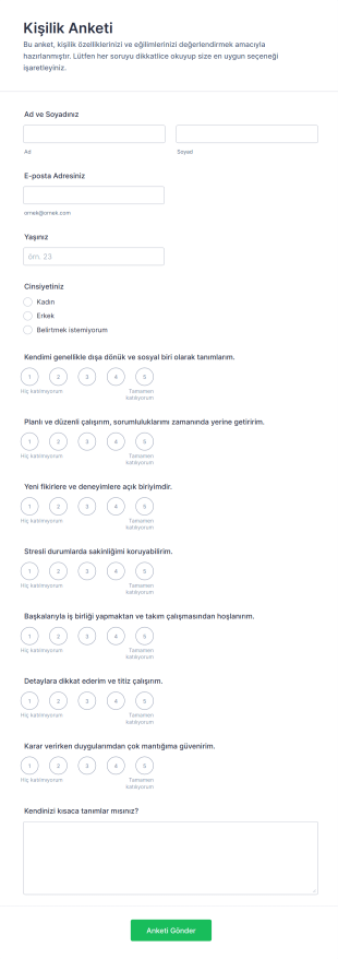 Kişilik Anketi Form Şablonu