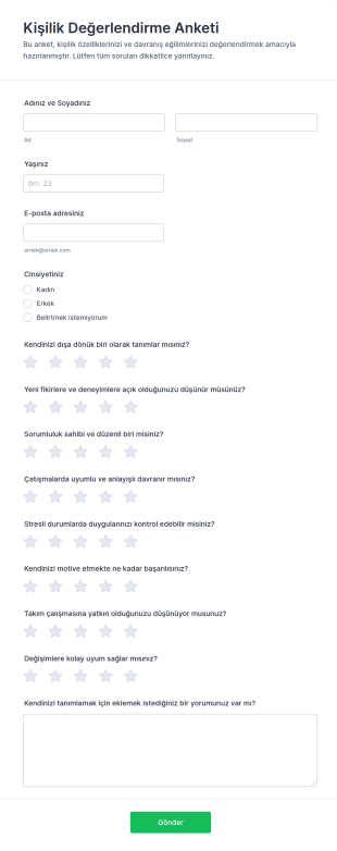 Kişilik Değerlendirme Anketi Form Şablonu