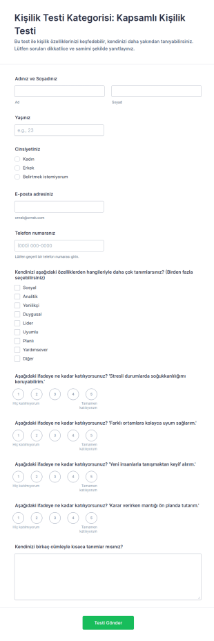 Kişilik Testi Anketi Form Şablonu