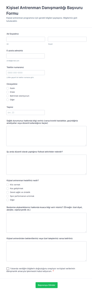 Kişisel Antrenman Danışmanlığı Başvuru Form Template