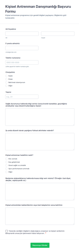 Kişisel Antrenman Danışmanlığı Başvuru Form Şablonu