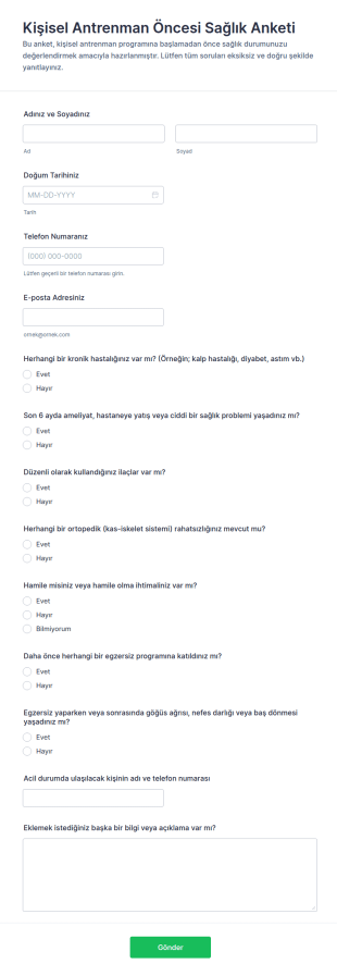 Kişisel Antrenman Öncesi Sağlık Anketi Form Şablonu