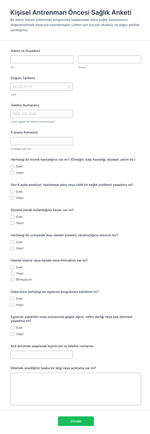 Kişisel Antrenman Öncesi Sağlık Anketi Form Şablonu