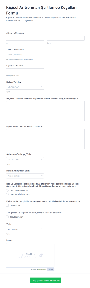 Kişisel Antrenman Şartları Ve Koşulları Form Şablonu