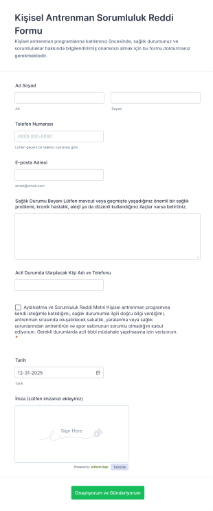 Kişisel Antrenman Sorumluluk Reddi Form Template
