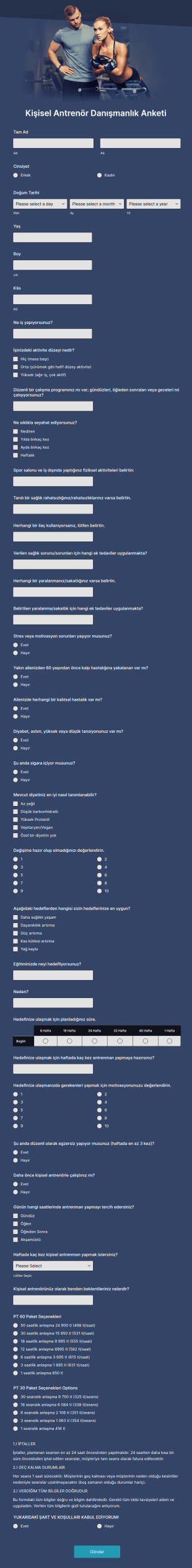 Kişisel Antrenör Danışmanlık Anketi Form Şablonu
