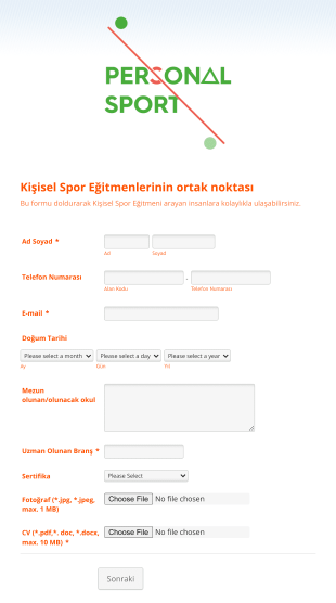 Kişisel Antrenörlük Başvuru Form Template