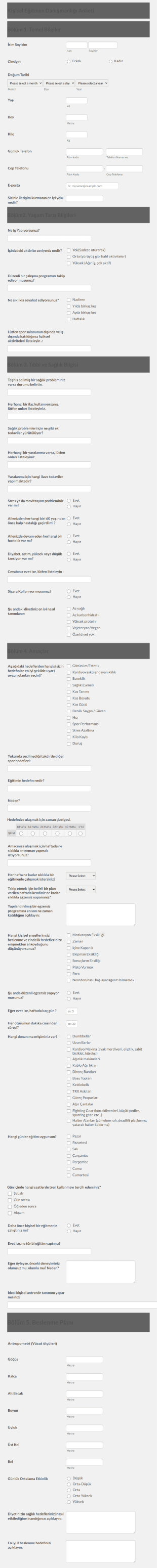 Dave'in Kişisel Eğitim Danışma Anketi Form Template