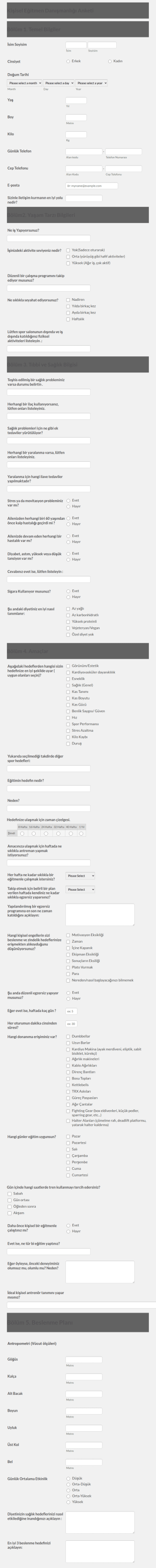 Dave'in Kişisel Eğitim Danışma Anketi Form Şablonu