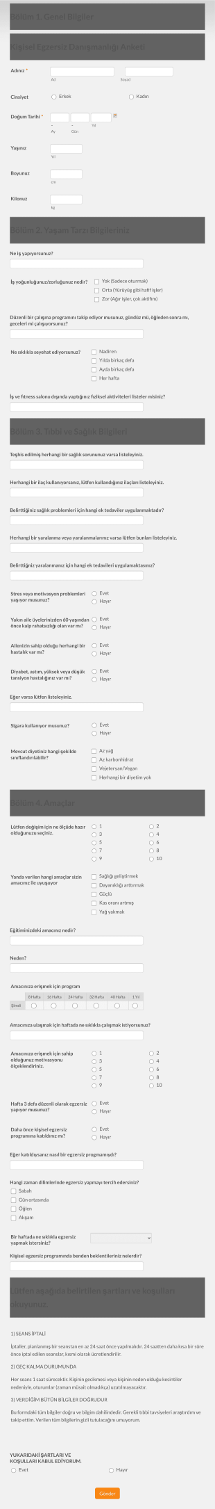 Kişisel Egzersiz Eğitimi Başvuru Form Şablonu