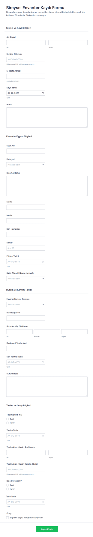 Kişisel Envanter Kaydı Anketi Form Şablonu
