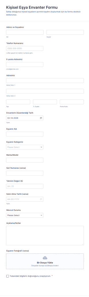 Kişisel Eşya Envanter Form Şablonu