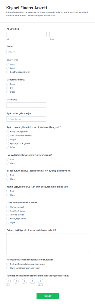 Kişisel Finans Anketi Form Şablonu