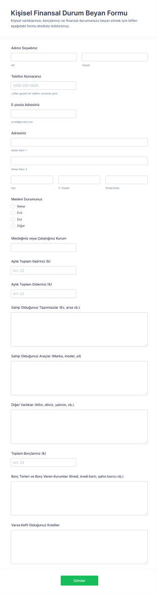 Kişisel Finansal Durum Beyan Form Şablonu