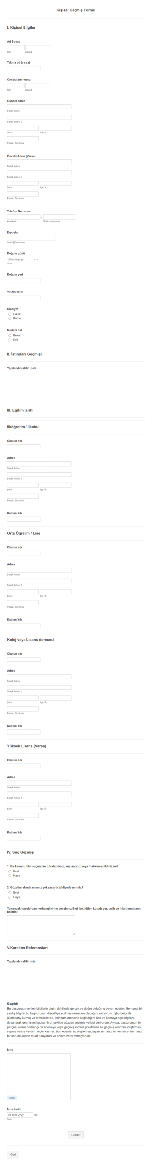 Kişisel Geçmiş Form Şablonu