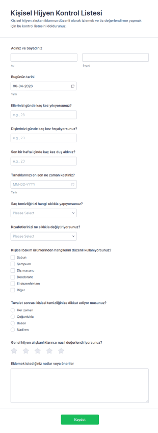 Kişisel Hijyen Kontrol Listesi Form Şablonu