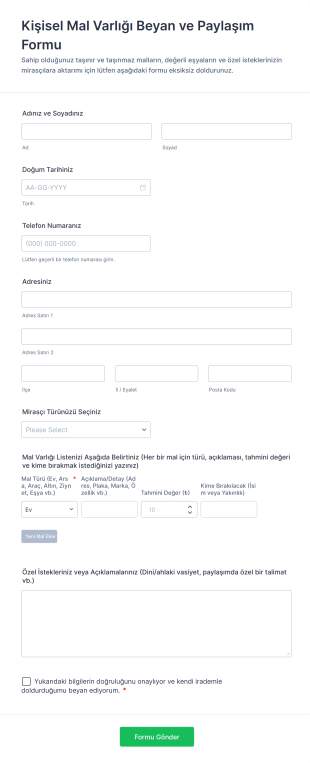 Kişisel Mal Varlığı Beyan Ve Paylaşım Form Template