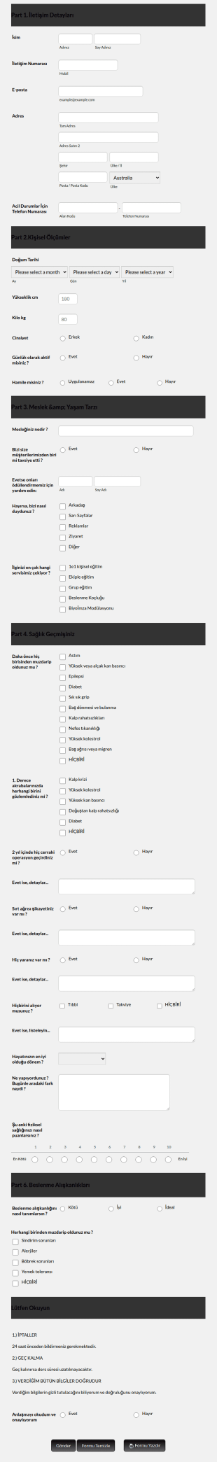 Kişisel Sağlık Bilgileri Toplama Form Şablonu