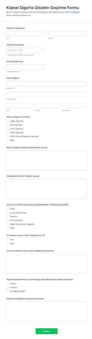 Kişisel Sigorta Gözden Geçirme Form Şablonu