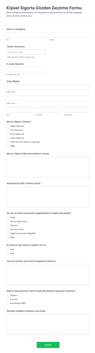 Kişisel Sigorta Gözden Geçirme Form Şablonu