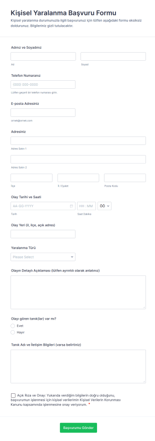 Kişisel Yaralanma Başvuru Form Template