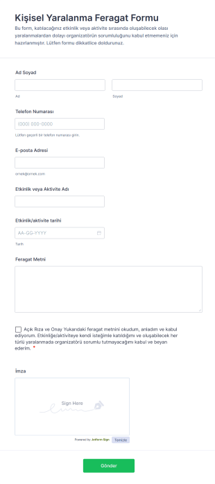 Kişisel Yaralanma Feragat Form Template