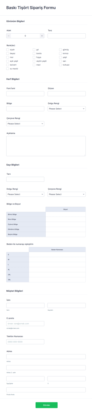 Kişiselleştirilmiş Tişört Sipariş Form Template