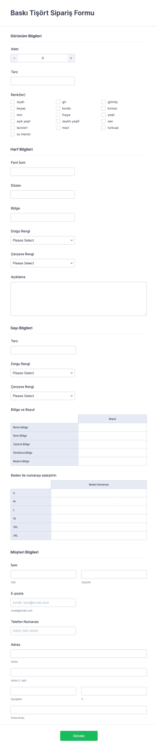 Kişiselleştirilmiş Tişört Sipariş Form Şablonu