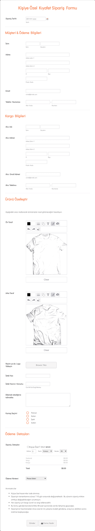Kişiye Özel Kıyafet Sipariş Form Template