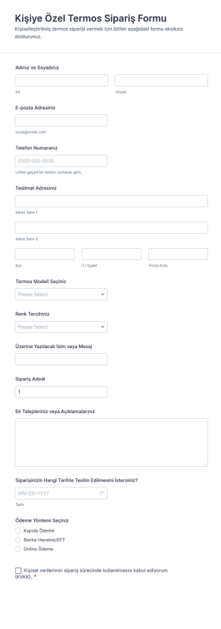 Kişiye Özel Termos Sipariş Form Şablonu