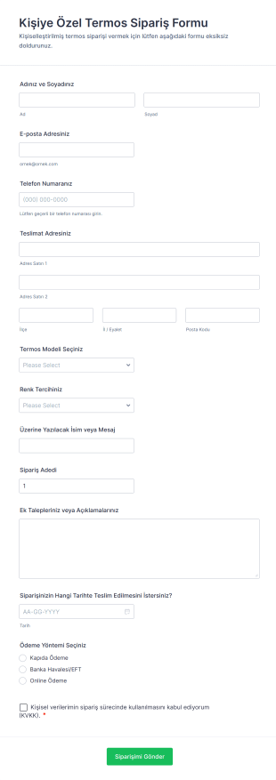 Kişiye Özel Termos Sipariş Form Şablonu