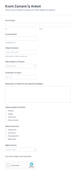 Kısmi Zamanlı İş Anketi Form Şablonu