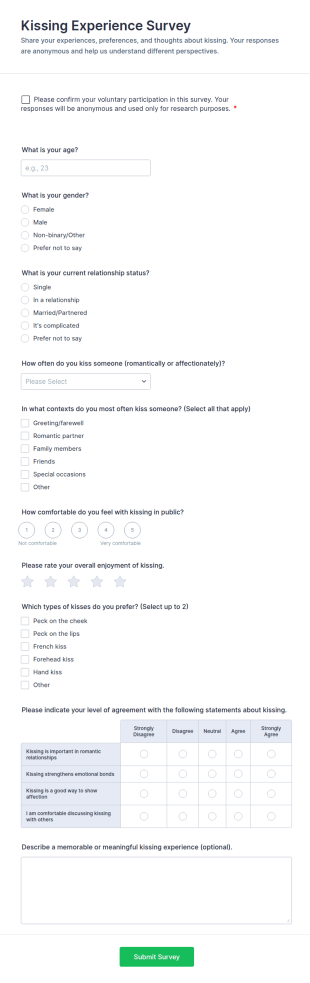 Kissing Experience Survey Form Template