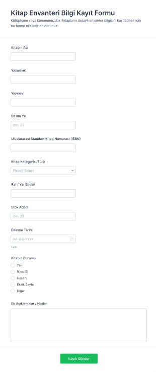 Kitap Envanteri Bilgi Kayıt Formu Form Template
