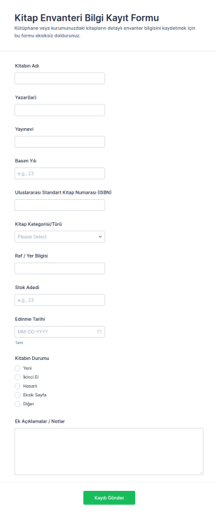 Kitap Envanteri Bilgi Kayıt Form Şablonu