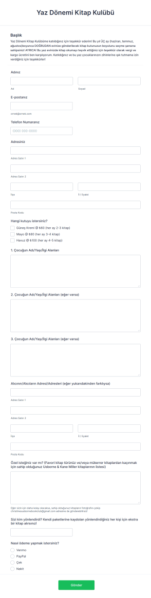 Kitap Kulübü Üyelik Form Template