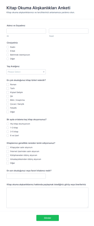 Kitap Okuma Alışkanlıkları Anketi Form Template