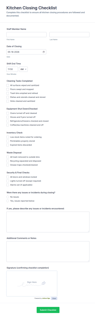 Kitchen Closing Checklist Form Template