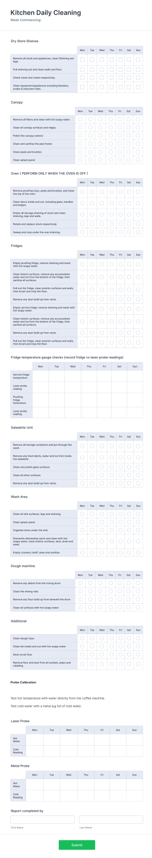 Kitchen Daily Cleaning Checklist Form Template